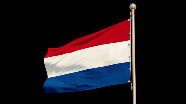 Flag of Netherlands, looped and seamless. Fabric texture, realistic wind, bottom view. Close-up. Alpha Channel.