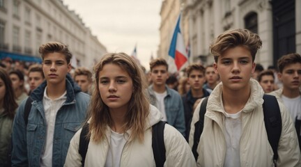 young,  french people demonstrating on a protest demonstration in the streets of a big city. Generative AI.