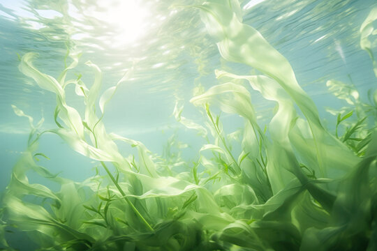 Abstract photo of underwater kelp or seaweed floating beneath the water.