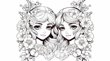 Coloring page for kids, A picture of beautiful twins girls, white background. Generative AI