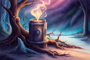 digital illustration of A bottle of magic potion in a dark fantasy forest. magic potion - obrazy, fototapety, plakaty