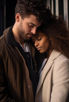 Young Interracial Couple Concept - Brown haired man with stubble beard and a pretty black African american woman - winter coat