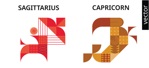 sagittarius capricorn zodiac signs set shape design red yellow ornament figures modern astrology poster calendar print vector