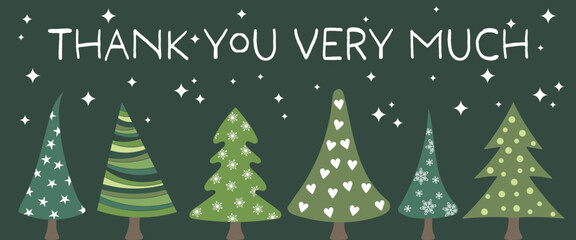 Thank you very much - Schriftzug in englischer Sprache - Vielen Dank. Dankeskarte mit Tannenbäumen.