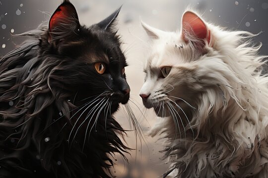 two black and white cats face to face