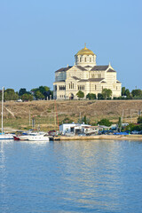 Fototapeta na wymiar The Saint Vladimir Cathedral above Karantinnaya bay, Chersonesus, Sevastopol, Crimea.