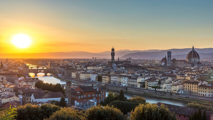 Florence, Italy - July 15, 2023: Aerial view of Florence in Tuscany at sunset, Italy - obrazy, fototapety, plakaty