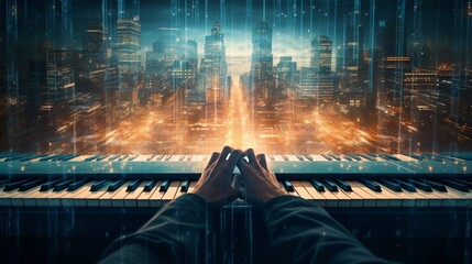 A visually striking double exposure photo merging a focused hand on a keyboard with the vibrant energy of a city's infrastructure, conveying the pace of life in the digital era.