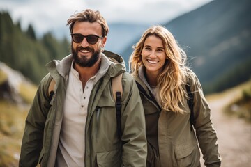 young couple in hiking outfit walking on the mountains