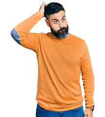 Hispanic man with beard wearing casual winter sweater confuse and wondering about question....