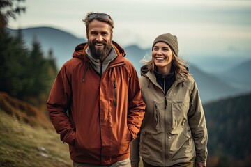 young couple in hiking outfit walking on the mountains - obrazy, fototapety, plakaty