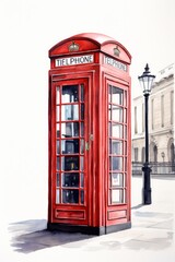 Fototapeta na wymiar Watercolor red telephone booth in London, white background. AI generate illustration