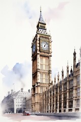 Fototapeta na wymiar Watercolor Palace of Westminster in London, white background. AI generate illustration
