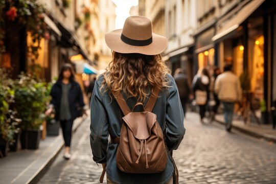 woman wearing a hat and a backpack walking down small street in paris