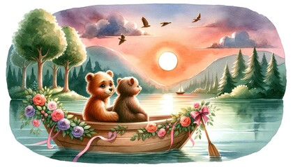 Naklejka premium Serene watercolor of two animals on a Valentine's Day boat ride, adorned with flowers and ribbons, against a scenic backdrop. 