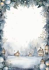 A frame with a place for text. Craft textures inspired by featuring whimsical watercolor illustrations of Christmas snowmen, snowflakes, lights, presents, and ornament. AI generative