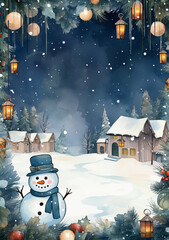 A frame with a place for text. Craft textures inspired by featuring whimsical watercolor illustrations of Christmas snowmen, snowflakes, lights, presents, and ornament. AI generative
