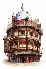 Watercolor depiction of the Globe Theatre in London on white. AI generate illustration