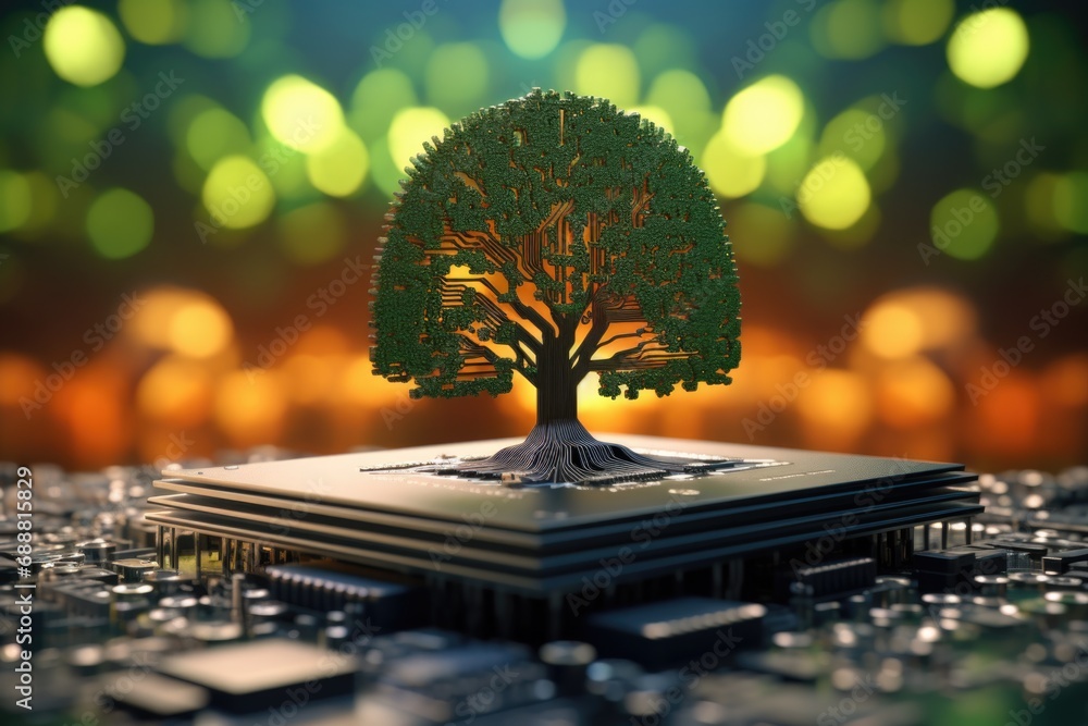 Poster A model of a tree placed on top of a circuit board. Can be used to represent the fusion of nature and technology