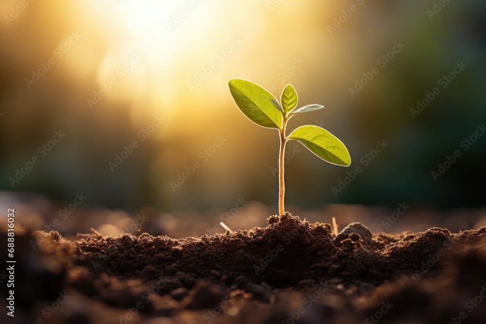 Poster a small plant emerging from the soil, symbolizing growth and new beginnings. this image can be used 