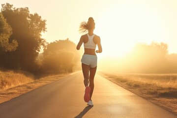 A woman running down a road at sunset. This picture can be used to depict fitness, exercise, determination, or a sense of freedom.