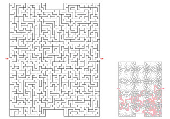 Huge labyrinth of high complexity with solution. Black and white complex maze with very high level of difficulty. Nice brainstorm puzzle for clever pupils or students