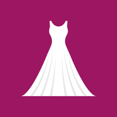 Wedding white dress. Clothes for marriage ceremony. Holiday and festival, event. Dress icon in flat style for bride evening party. Vector illustration