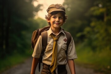 International Boy Scout Day Concept. Portrait of a smiling boy with backpack standing on road in forest - obrazy, fototapety, plakaty