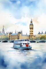 Watercolor of the River Thames in London, white background. AI generate illustration