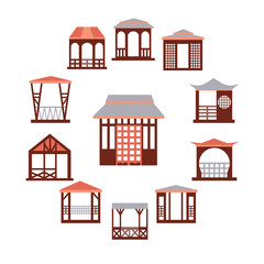  Pavilion structure, city park or gardens area element isolated on white background. Gazebos pergolas in various styles. Architecture wooden bower flat icons set. Vector set of garden design icons.