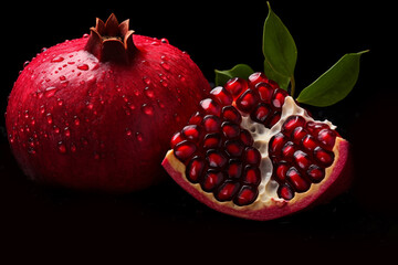 Closeup of Fresh Red Pomegranate on Black Background, Generative AI
