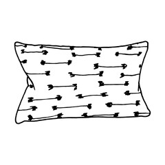 Sketch vector illustration of a soft pillow for sleeping. A simple line hand drawing. Black contour linear silhouette. Vector graphics outline illustration. Isolated on pure white background