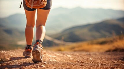Hiking in the mountains. Female legs with sports shoes and backpack running on a trail mountain - obrazy, fototapety, plakaty