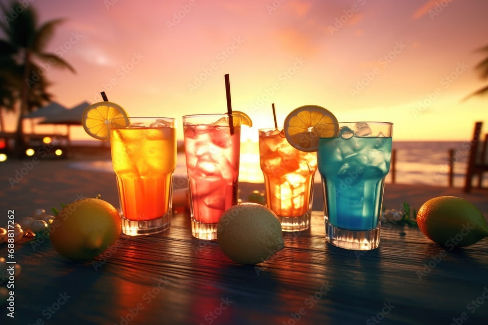 Poster a collection of various types of drinks lined up in glasses. perfect for showcasing a variety of bev