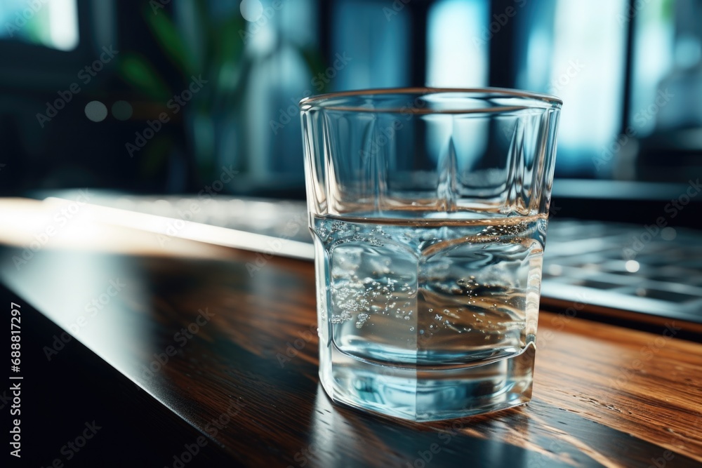 Poster a glass of water sitting on top of a wooden table. suitable for various concepts and themes