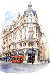 Watercolor of the West End theatre district in London, white background. AI generate