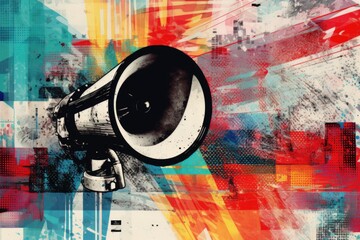 Fototapeta premium A vibrant digital painting of a megaphone against a colorful background. This image can be used to represent communication, announcements, marketing, or public speaking