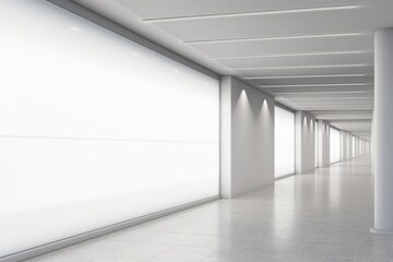 A long hallway with white walls and windows. Suitable for architectural designs and interior concepts - Powered by Adobe