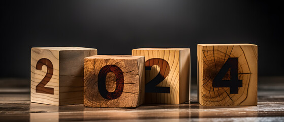 wooden cubes with the number 2024 - new year concept - obrazy, fototapety, plakaty