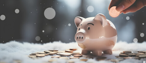 Pink piggy bank on a table on a snowy day with a person putting in a coin - obrazy, fototapety, plakaty