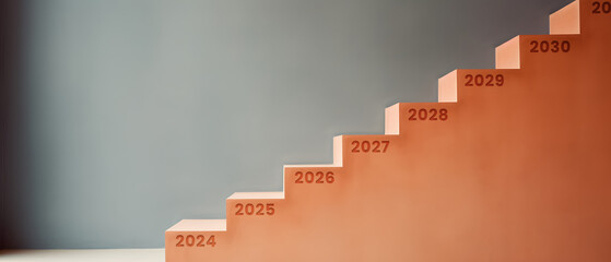 stairs with a new number on each step representing the new year 2024, 2025, 2026, 2027, 2028, 2029, 2030 - obrazy, fototapety, plakaty