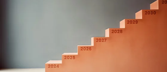Fotobehang stairs with a new number on each step representing the new year 2024, 2025, 2026, 2027, 2028, 2029, 2030 © Jess rodriguez