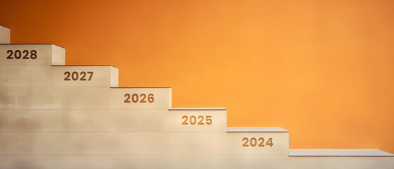 stairs with a new number on each step representing the new year 2024, 2025, 2026, 2027, 2028 - obrazy, fototapety, plakaty