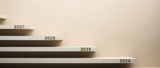 stairs with a new number on each step representing the new year 2024, 2025, 2026, 2027 - obrazy, fototapety, plakaty