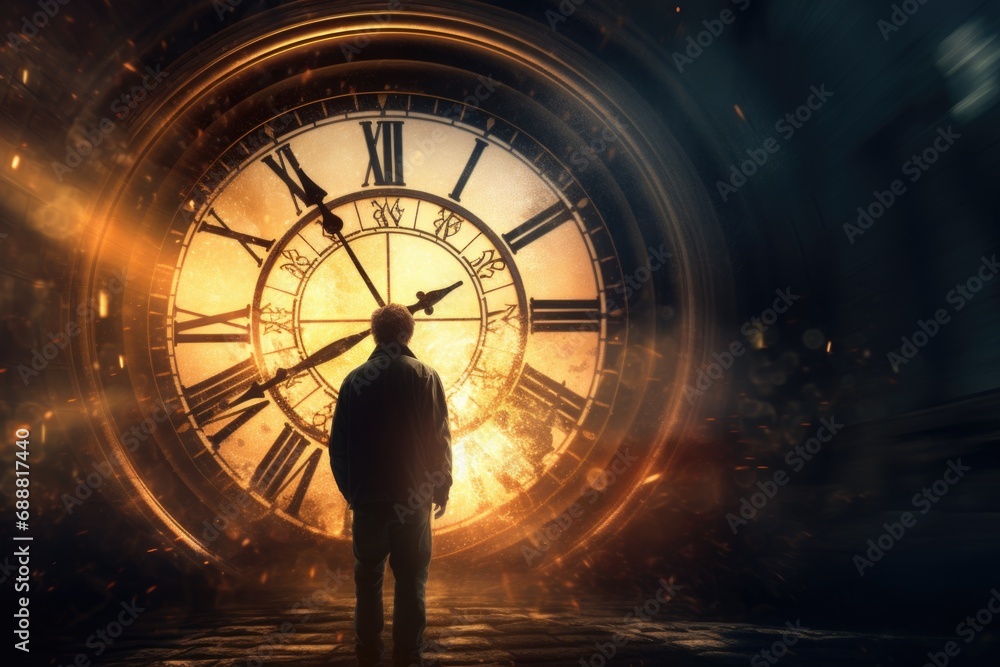 Aufkleber A man standing in front of a large clock. Suitable for time management and punctuality concepts