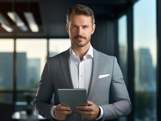 Fototapeta premium Confident businessman in a suit holding a tablet in an office. Generative AI.