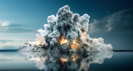 Bomb explosion in sea. Fire and smoke on water. explosion bomb in ocean - obrazy, fototapety, plakaty