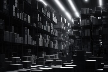 A black and white photo of a warehouse filled with boxes. Suitable for business and logistics-related projects