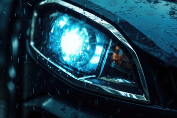 A detailed view of a car's headlight illuminated in the rain. This image can be used to depict wet weather conditions or to symbolize driving in adverse conditions
