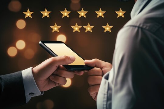 A man is holding a smart phone with five stars on it. This image can be used to represent positive reviews, customer satisfaction, or technology and communication